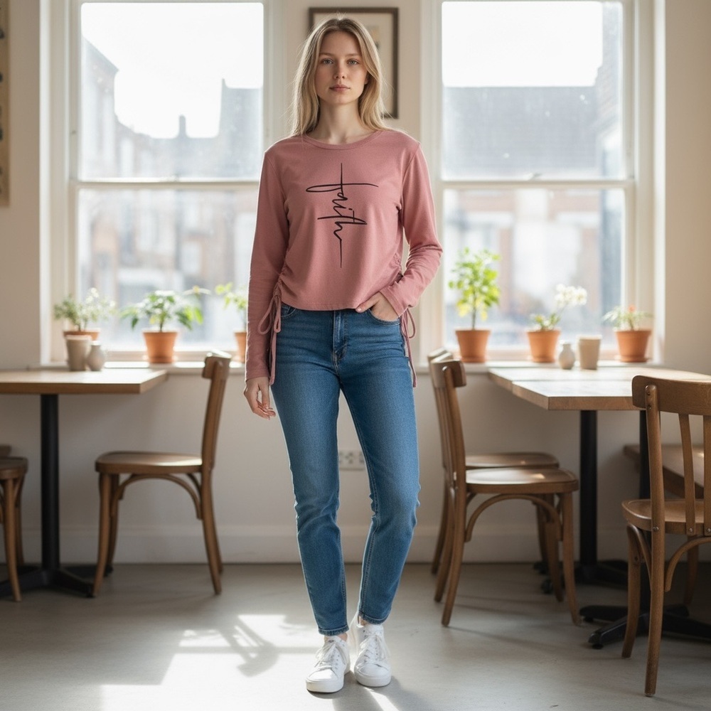 Occasion Long Sleeve Top with Faith Script - Dusty Rose